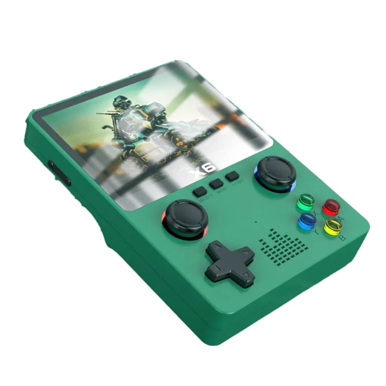 Console rétro portable verte vue de trois quarts, croix directionnelle et boutons